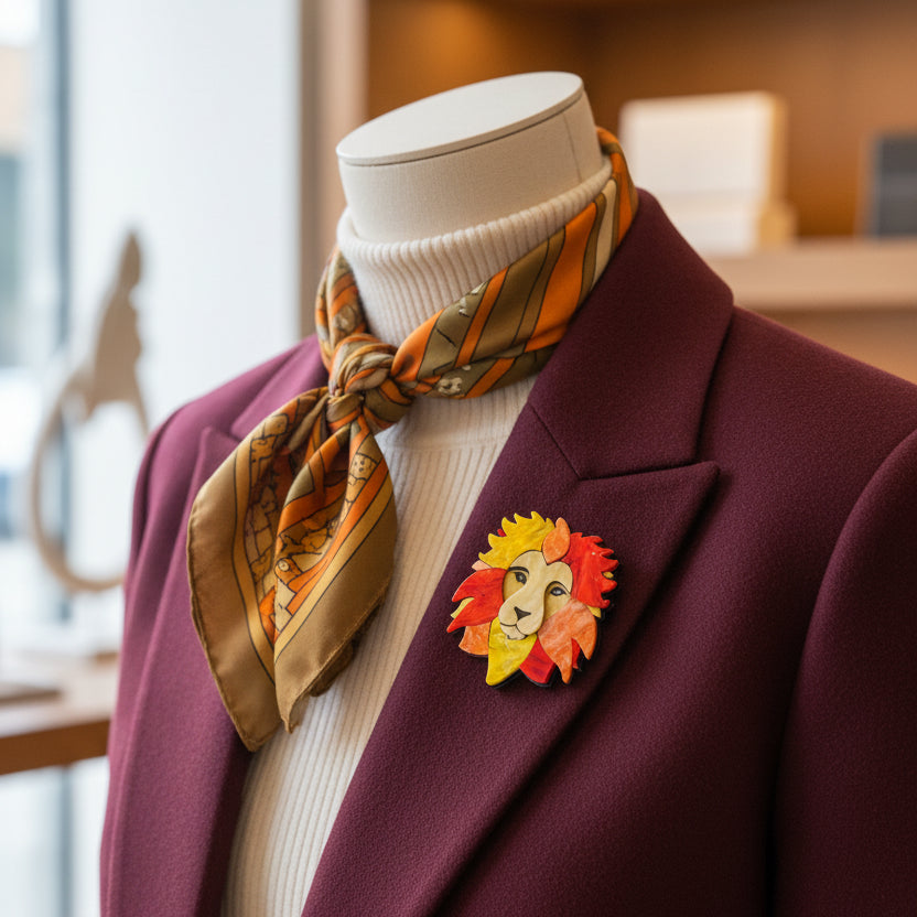 Acrylic lion head brooch featuring layered detailing pinned on a red suit