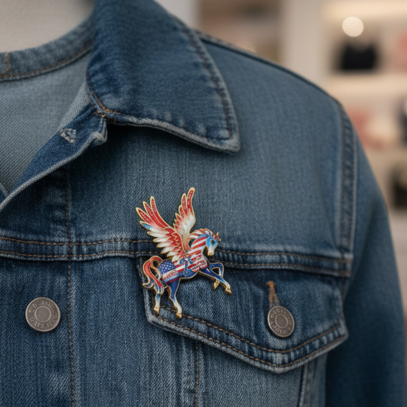 Americana designed pegasus-shaped brooch pinned on a denim jacket