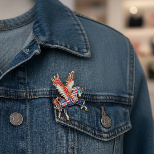 Americana designed pegasus-shaped brooch pinned on a denim jacket