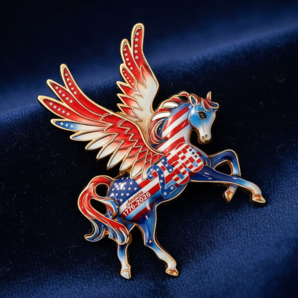 Americana designed pegasus-shaped brooch against a blue velvet background