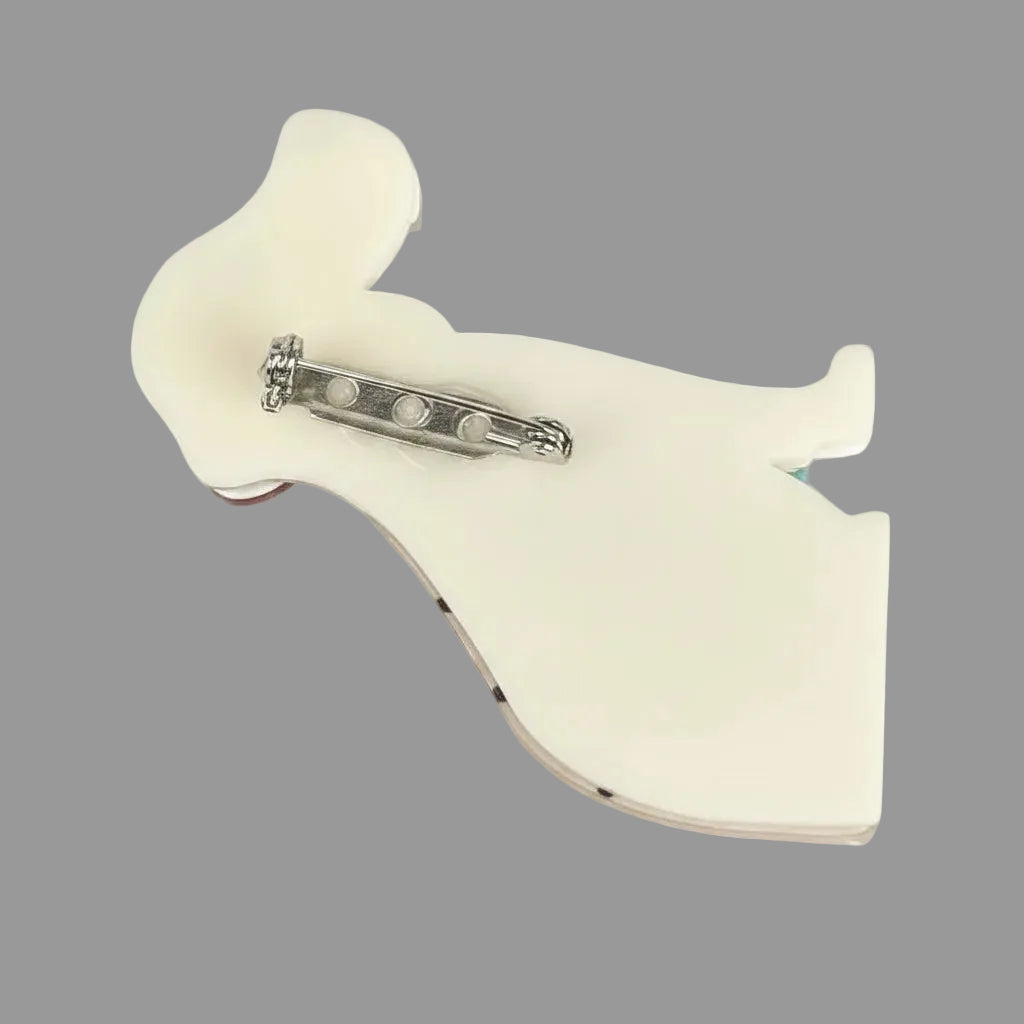 Back view of acrylic beagle dog brooch showing clasp mechanism