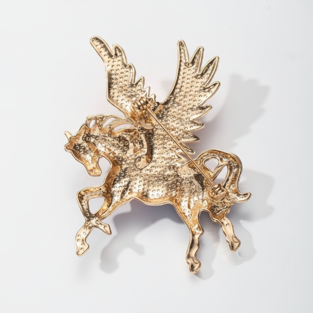Back view of Americana designed pegasus-shaped brooch, showing the clasp mechanism