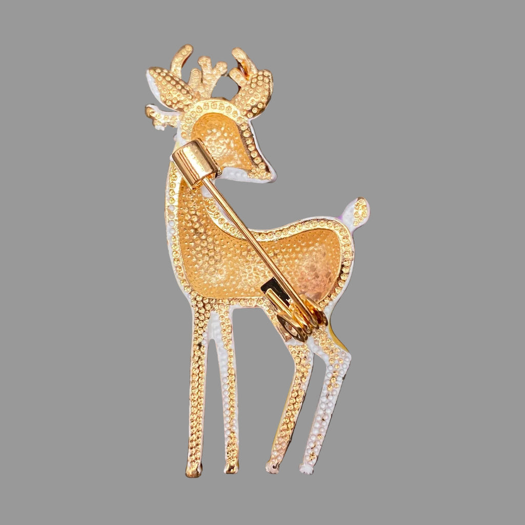 Back view of colorful deer-shaped brooch with floral antlers, showing the clasp mechanism