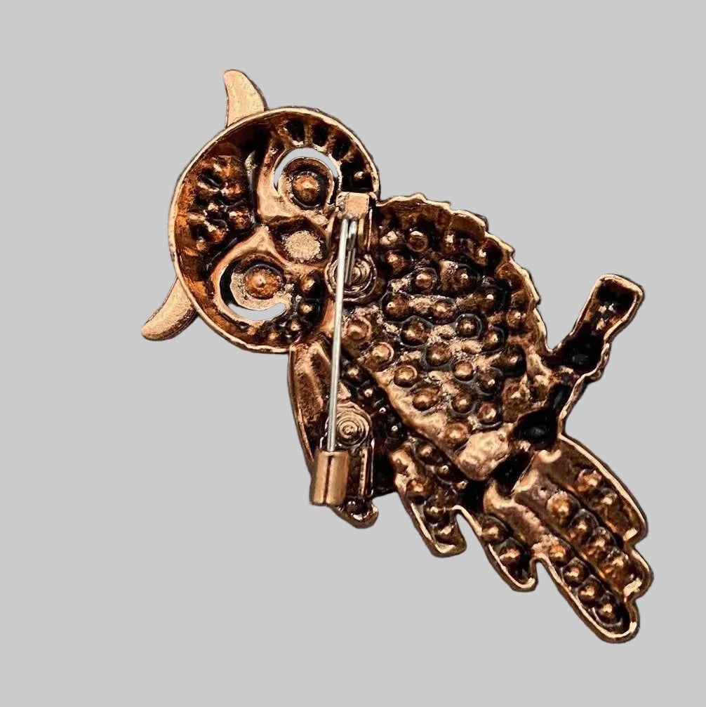 Back view of decorative owl brooch with blue gemstones showing the clasp mechanism