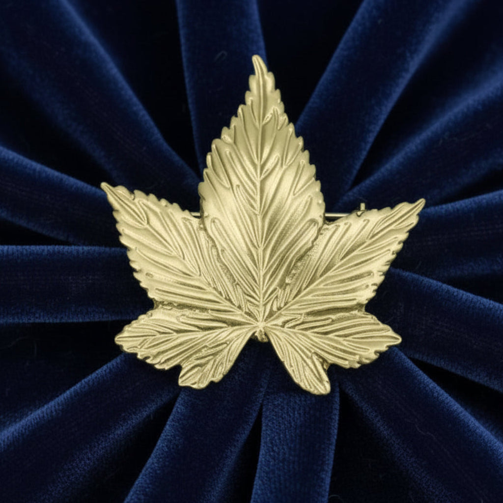 Green leaf-shaped brooch on a blue background