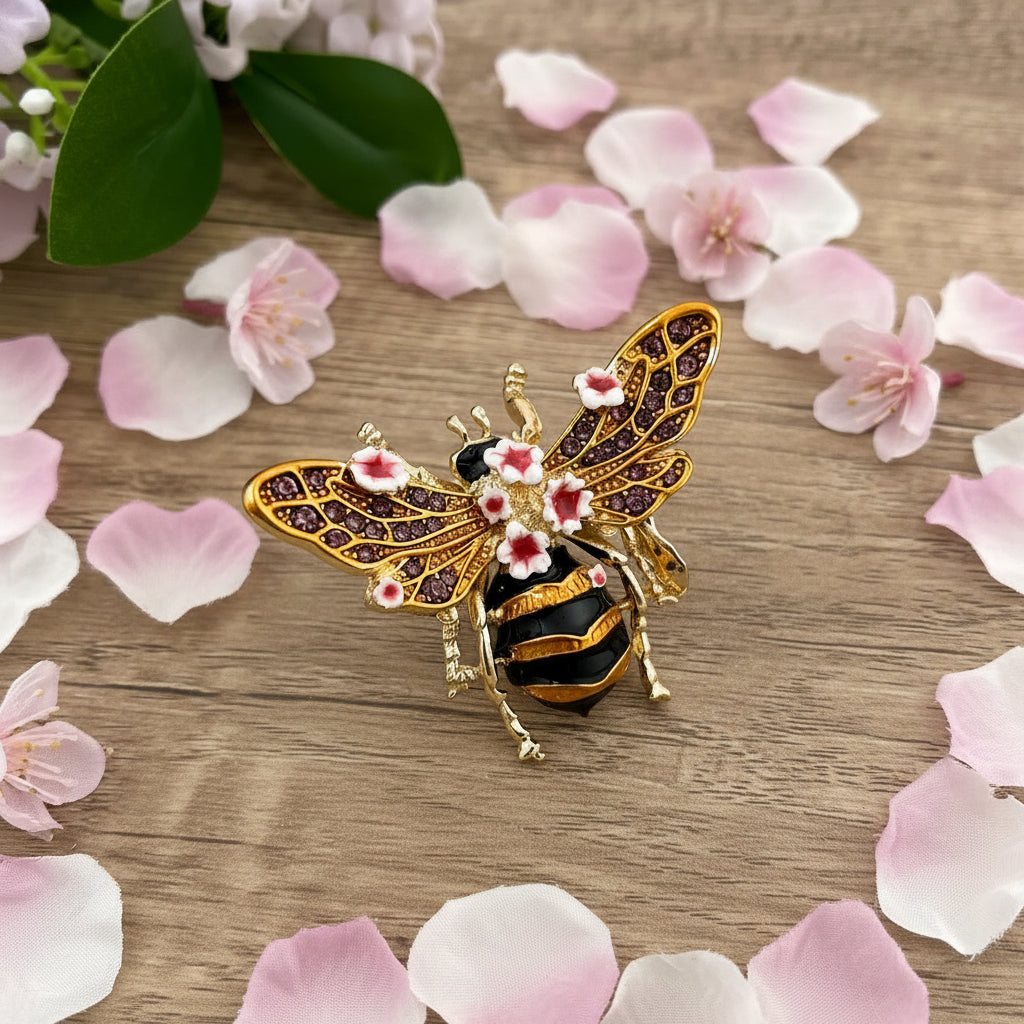 Decorative bee brooch with floral details on a wooden background