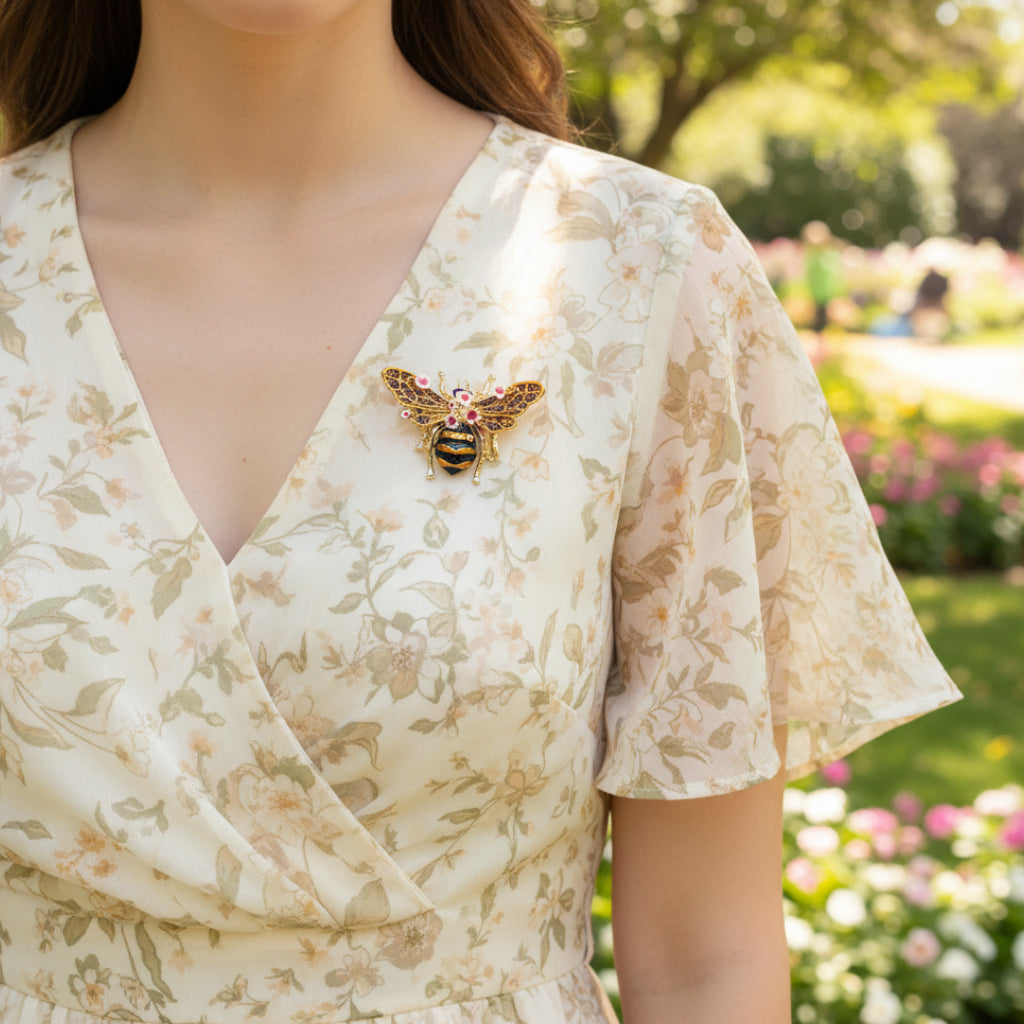 Decorative bee brooch with floral details pinned on a ivory dress