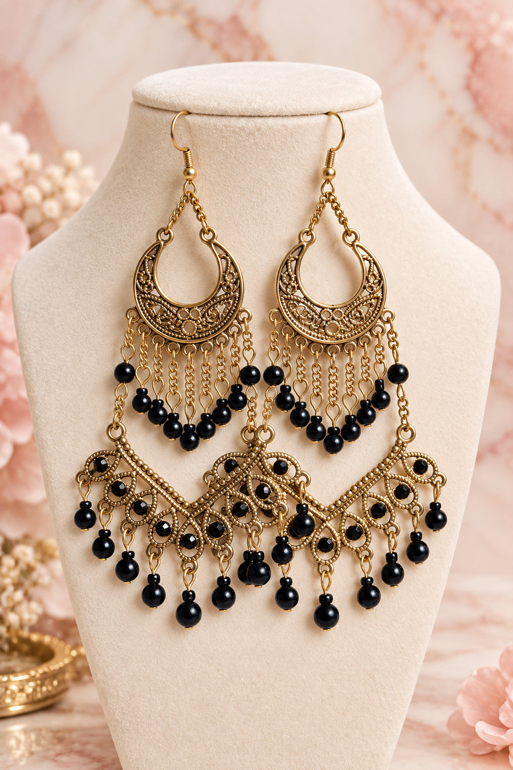 A pair of ornate dangling earrings displayed on a cream jewelry bust. The earrings feature gold-toned filigree crescent moon and floral motifs with multiple tiers of small black beads.