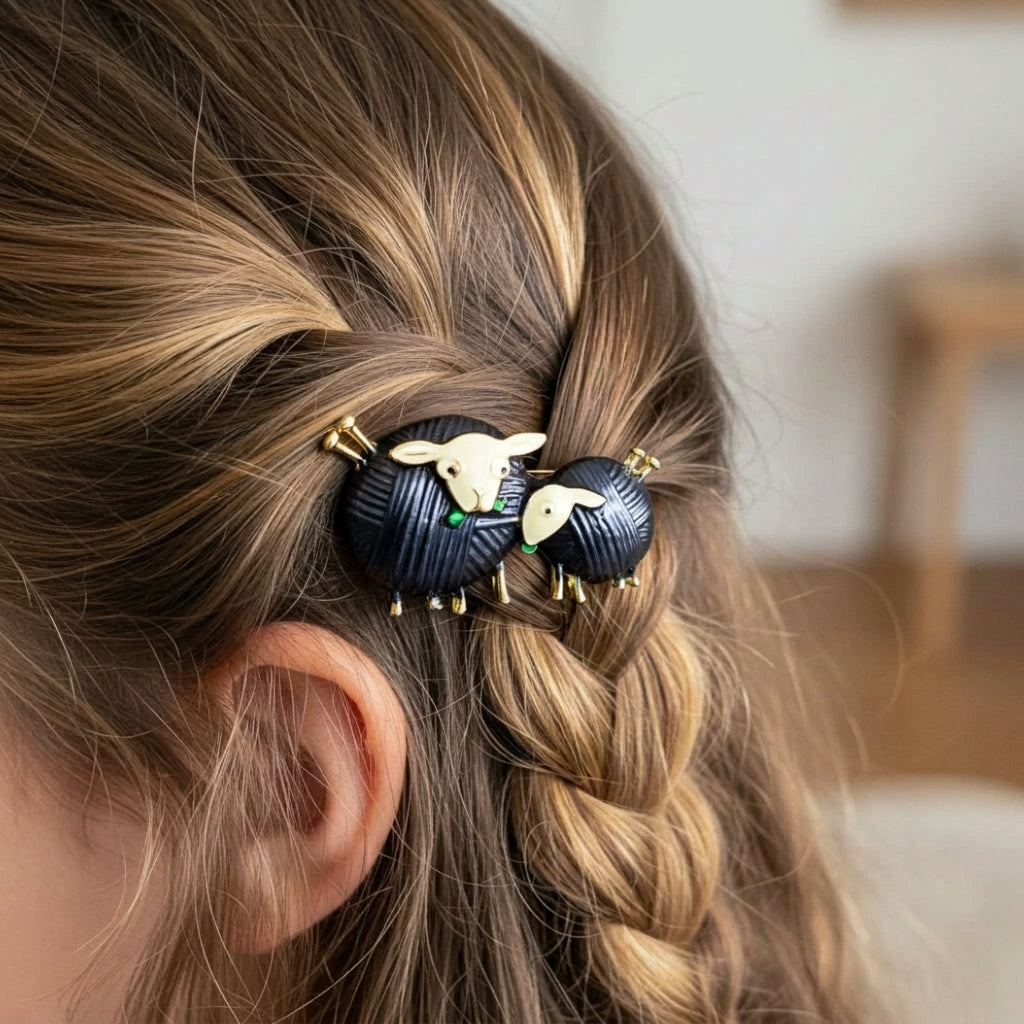 An black color enamel yarn-style double sheep shaped brooch pin, shown placed in a girls braided hair as an accessory, against a blurred background.