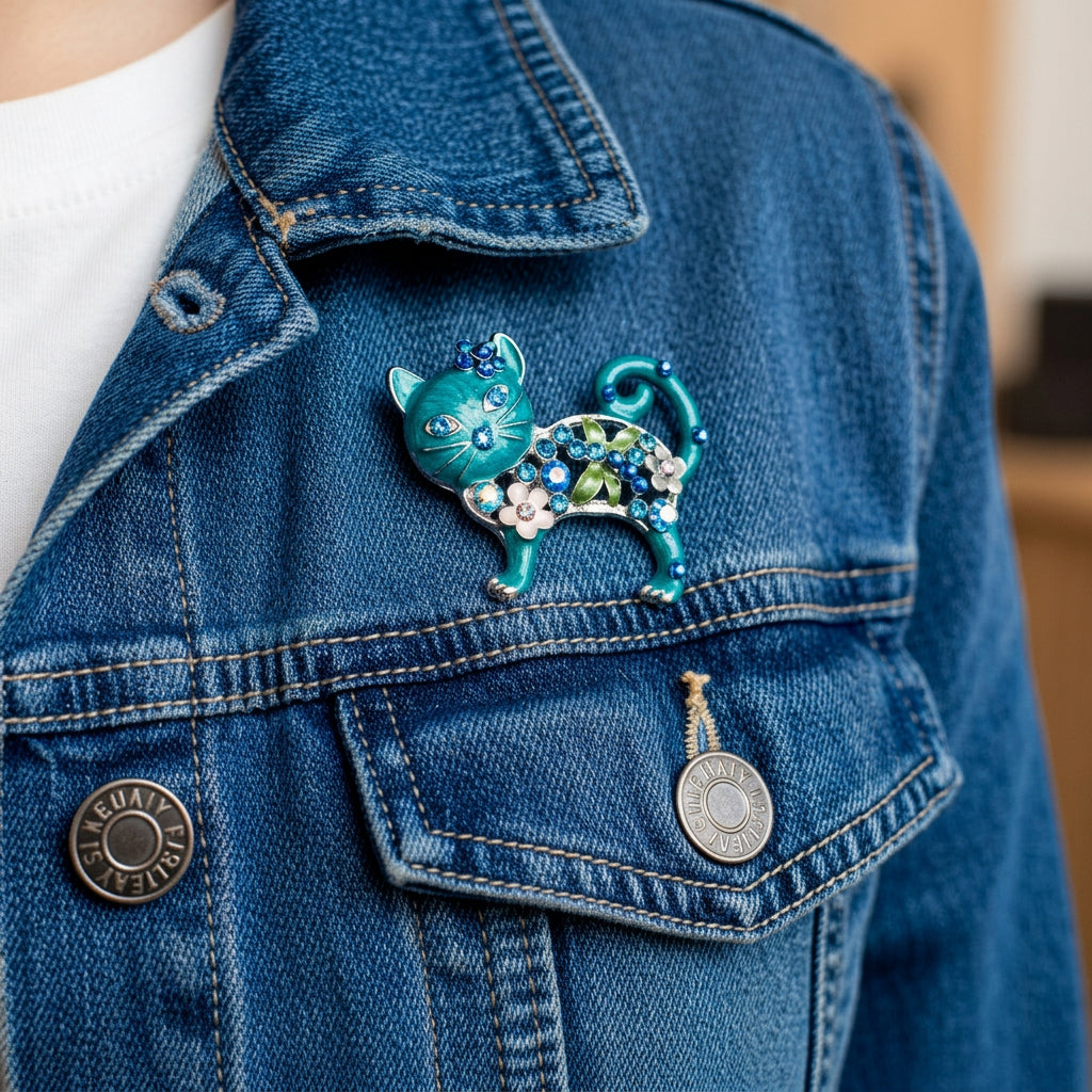 Blue rhinestone cat brooch with floral details and curled tail, pinned on a denim jacket.