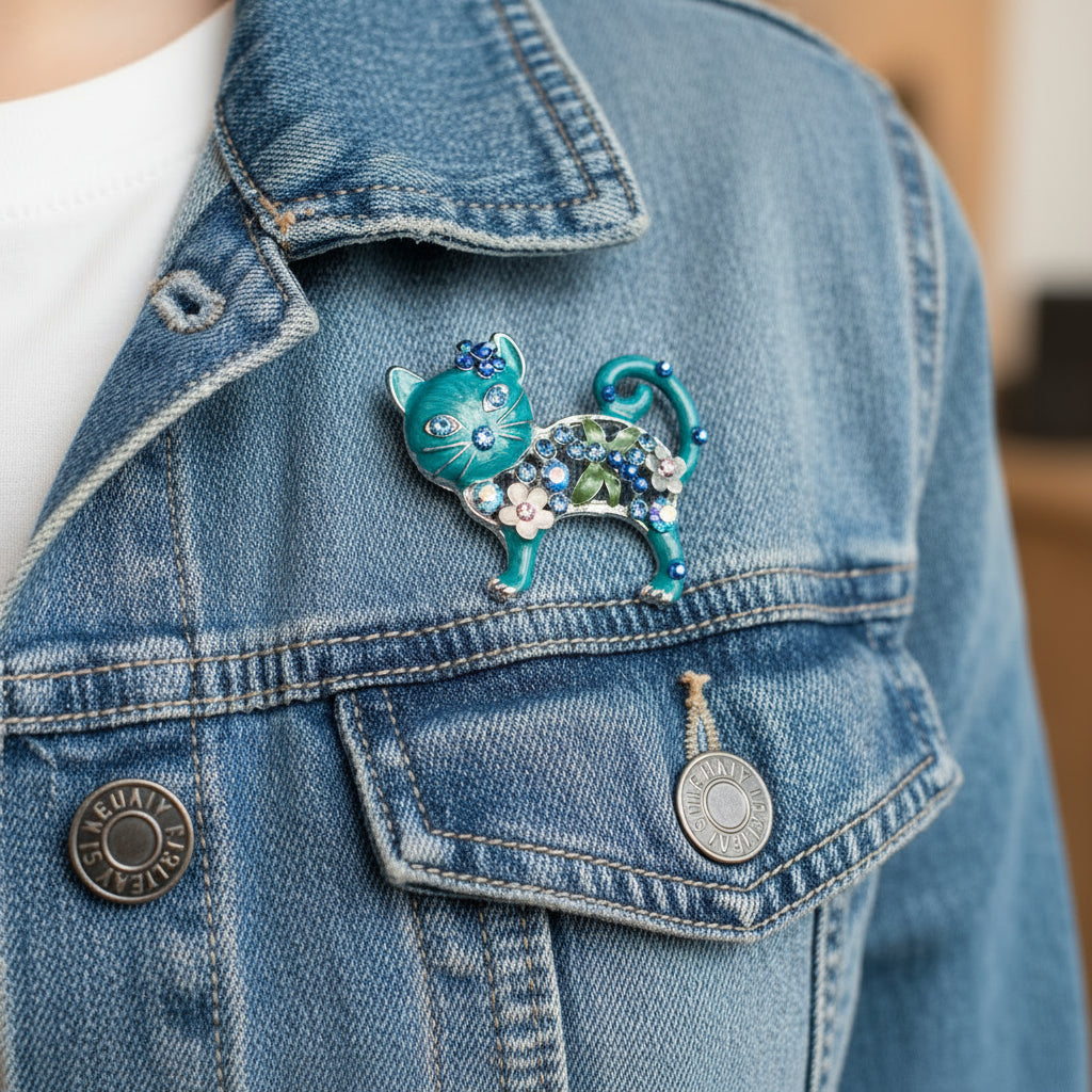 Blue cat-shaped brooch with gemstones, pinned on a denim jacket