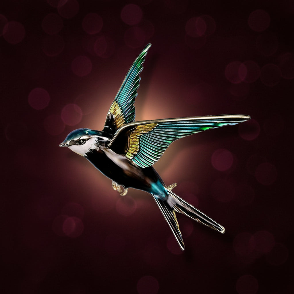 A colorful enamel bird brooch shaped like a flying swallow, featuring blue, green, and brown, with gold-tone metal accents, on a red background