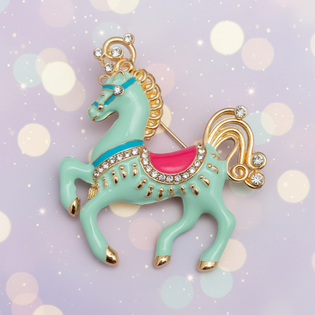 Decorative horse brooch with blue body, pink accents, gold mane and tail  on a pale blue background