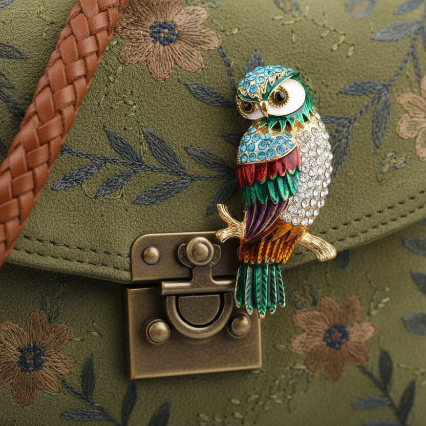 Decorative owl brooch pinned on a green floral-patterned bag