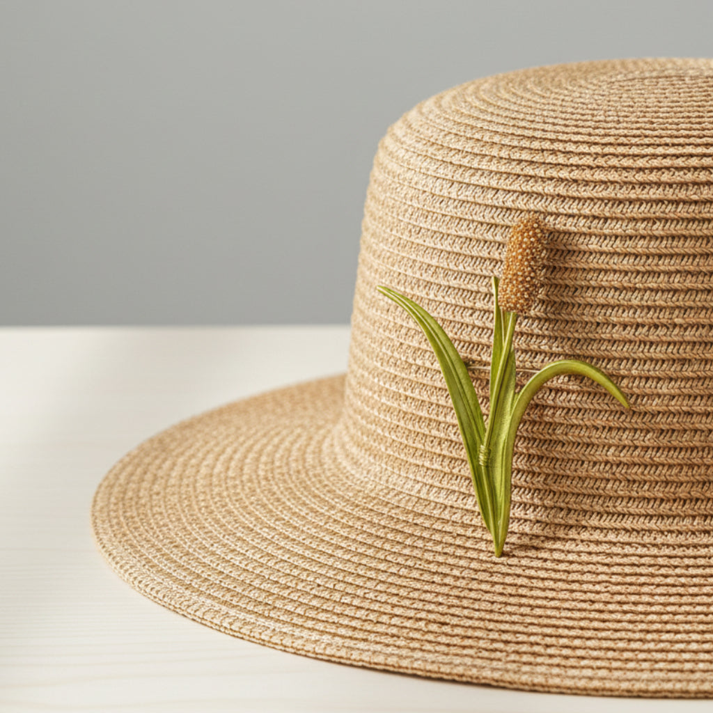 Brooch shaped like a cattail reed pinned on a straw hat