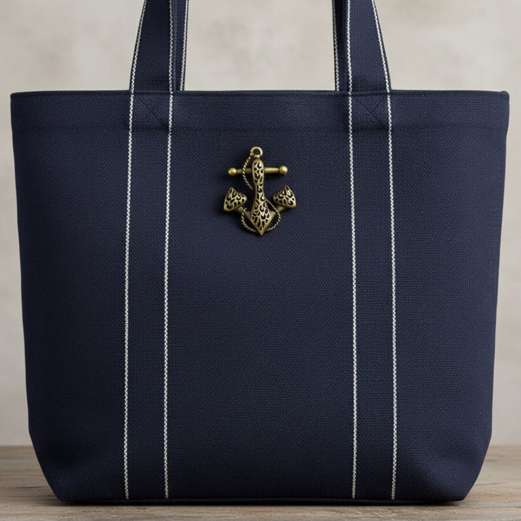 Bronze anchor-shaped brooch pinned on a navy blue tote bag.