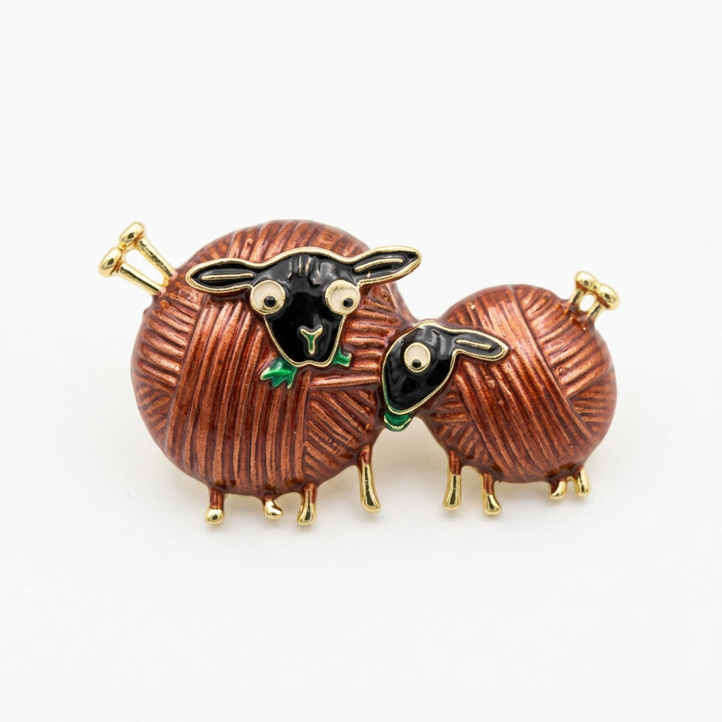 A brown color enamel yarn-style double sheep shaped brooch pin, against a gray background.