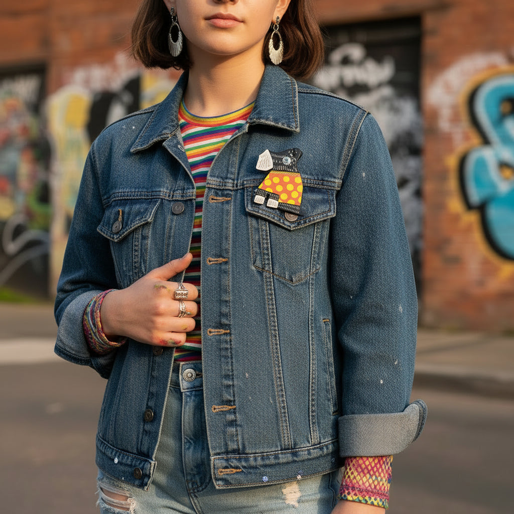 Dog-shaped brooch with black, orange, and yellow design pinned on a denim jacket