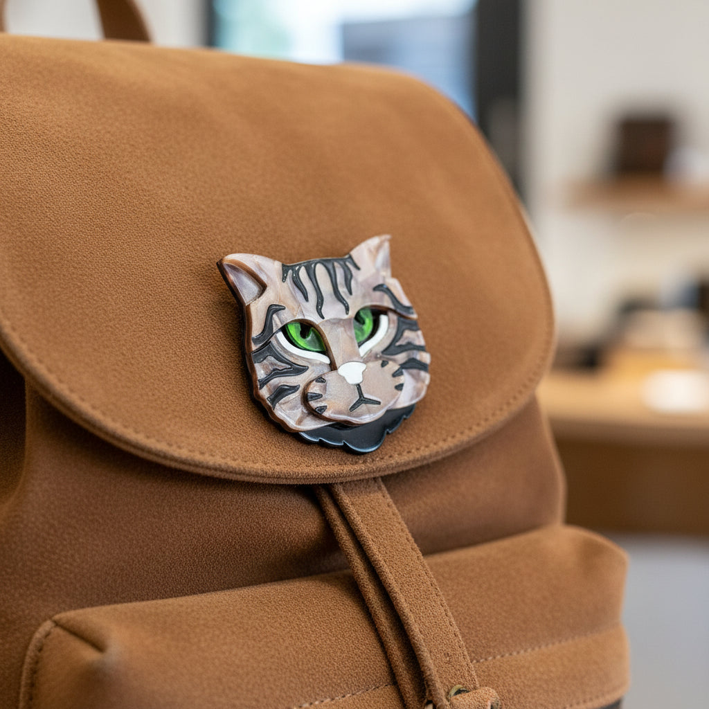 Acrylic cat-shaped brooch with green eyes pinned on a brown backpack
