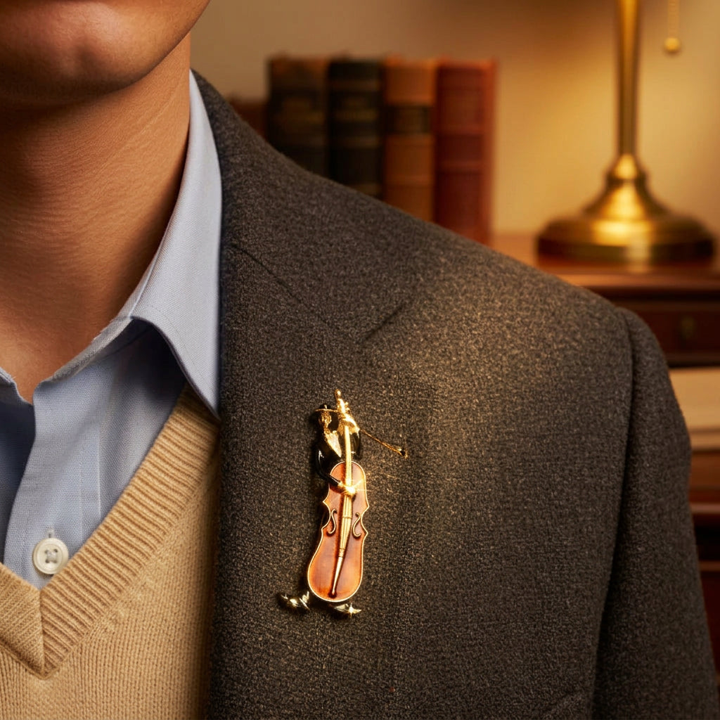 A close-up lifestyle shot of a man wearing a cellist brooch on his tweed blazer. The brooch features brown enamel and gold details, and the background shows a softly blurred academia setting.