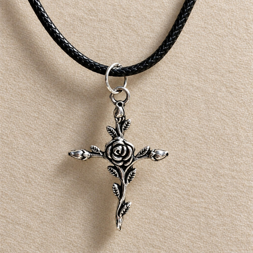 A silver-toned cross pendant accented with a rose center, hanging from a black braided cord necklace, displayed against a textured beige background.
