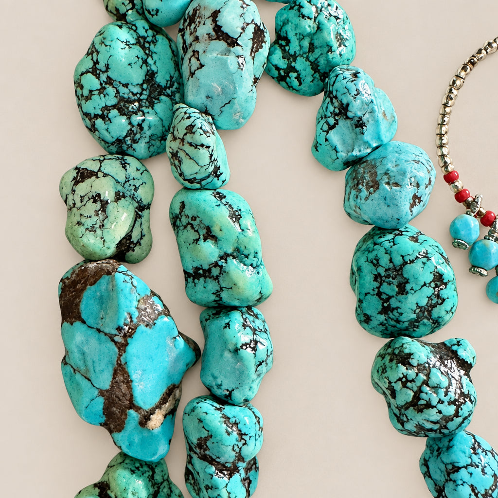 Close up view of a chunky turquoise stone beads with dark matrix veining, arranged on a light beige surface.
