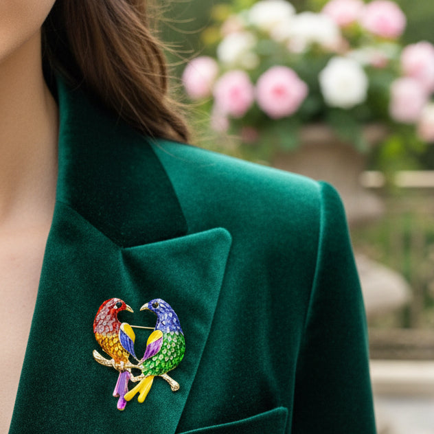 Colorful bird-shaped brooch pinned on a green dress