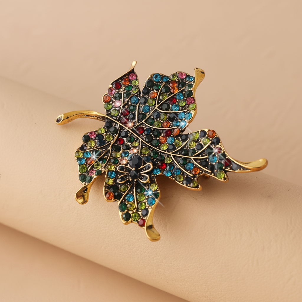 Leaf-shaped brooch with multicolored gemstones on a beige background