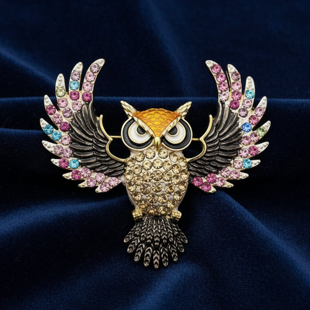 Decorative owl brooch with colorful gemstones on a blue background