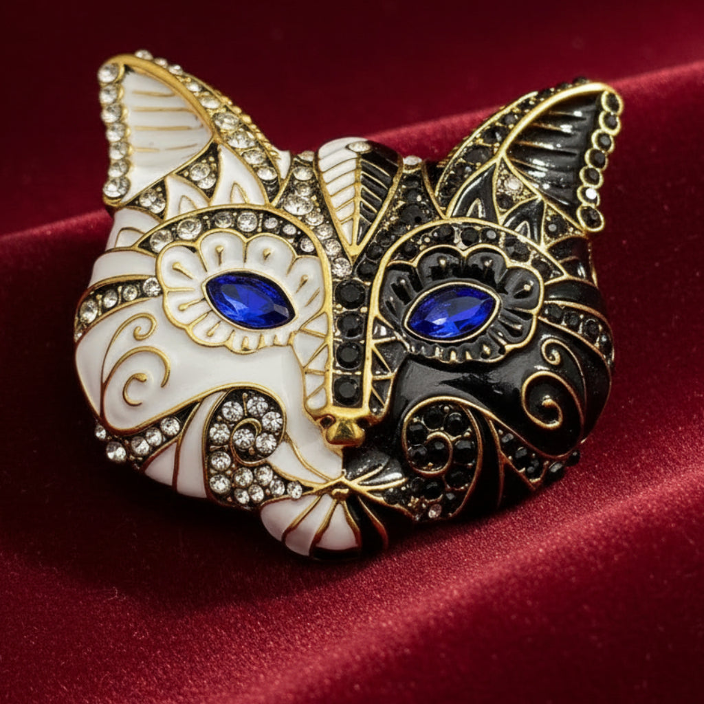 Cat-shaped mask brooch with gold, black, and white design on a red background