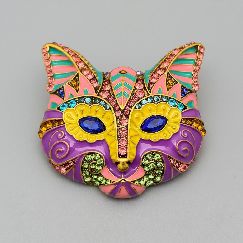 Cat-shaped mask brooch with gold, pink, yellow, and purple design on a gray background