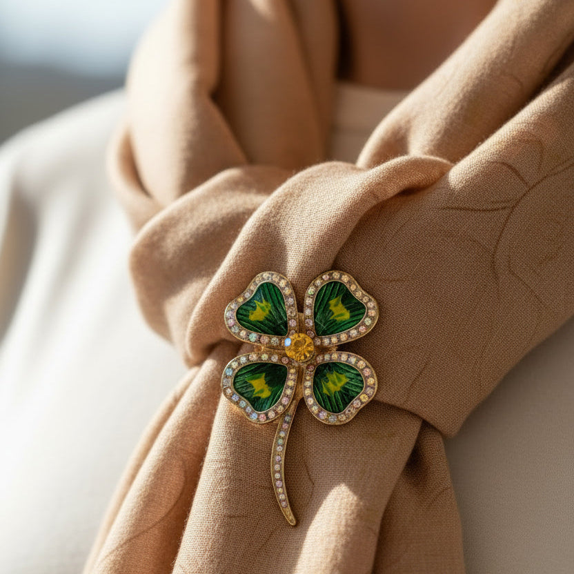 Hand-Fired Enamel Four-Leaf Clover Brooch Pin