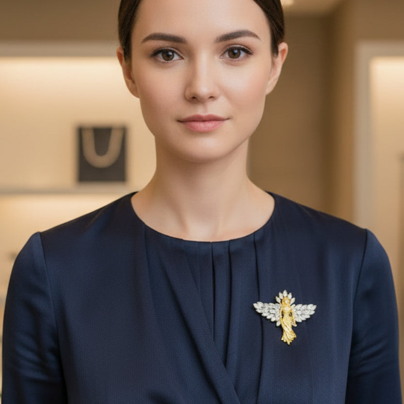 Gold angel brooch with crystal wings pinned on a blue dress