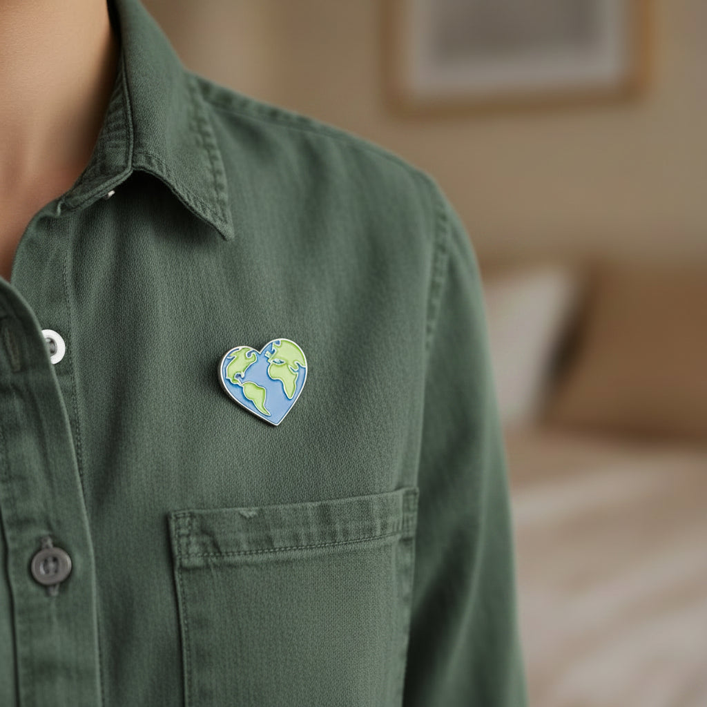 Blue and green heart-shaped earth pin pinned on a  shirt