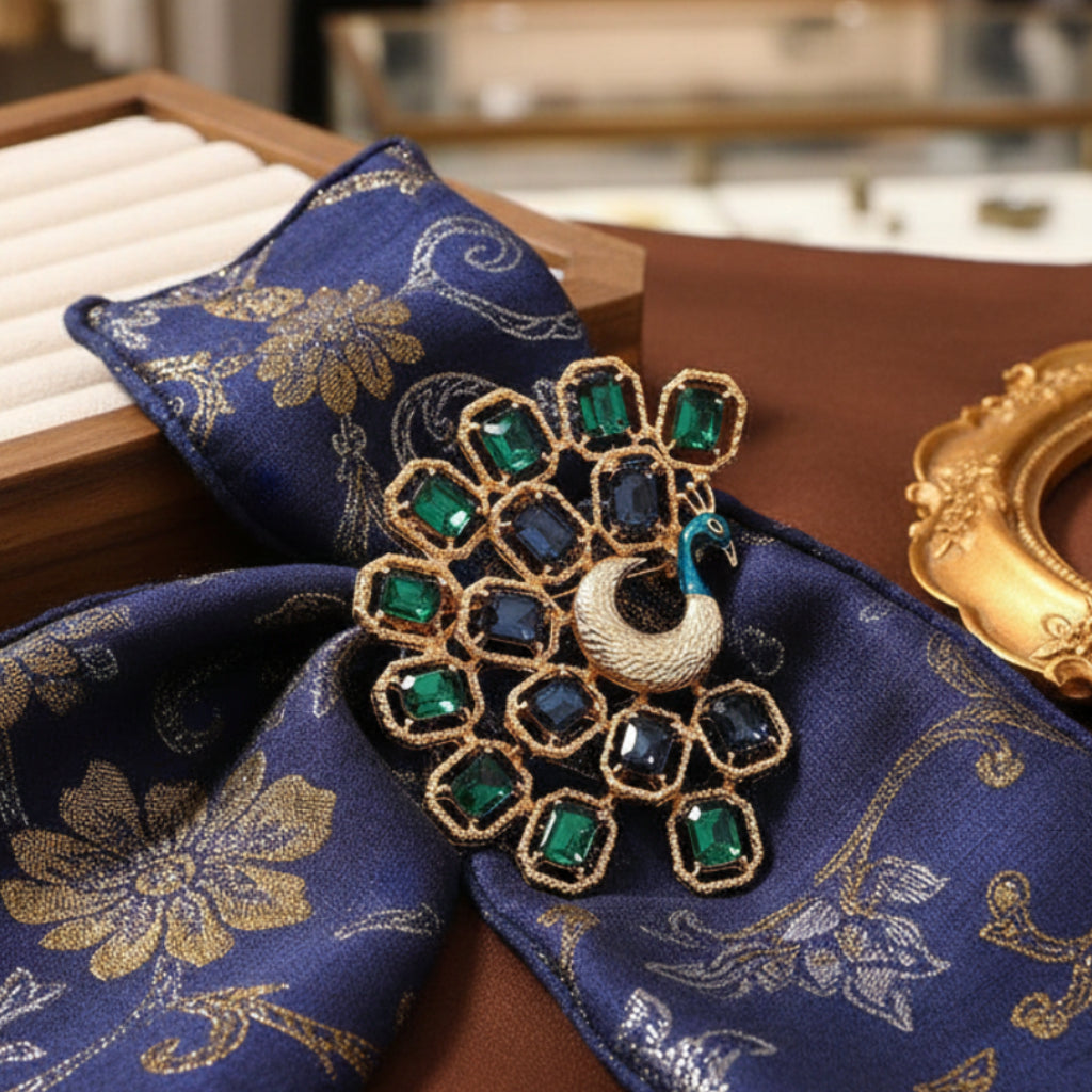 Peacock-shaped brooch with green and blue gemstones, pinned on a blue satin scarf