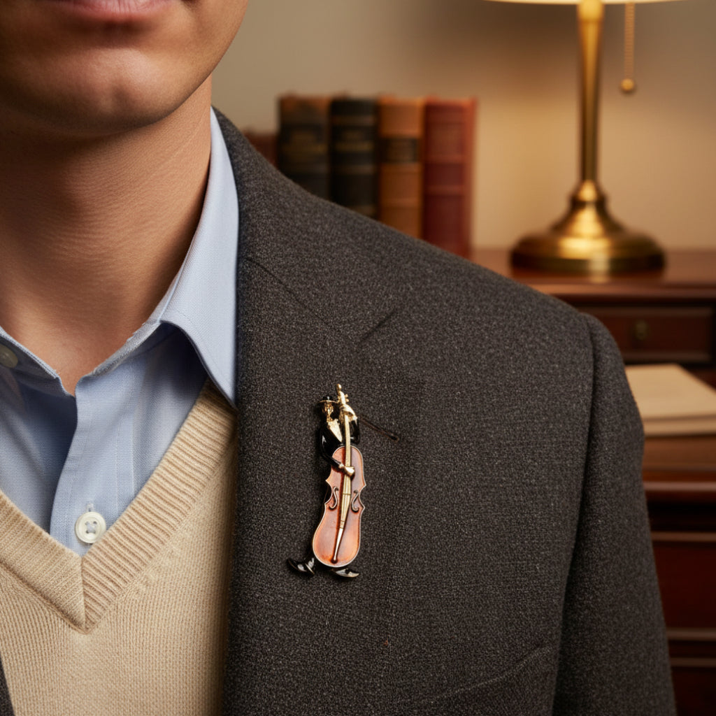 Decorative pin of a musician playing a cello pinned on a man's suit