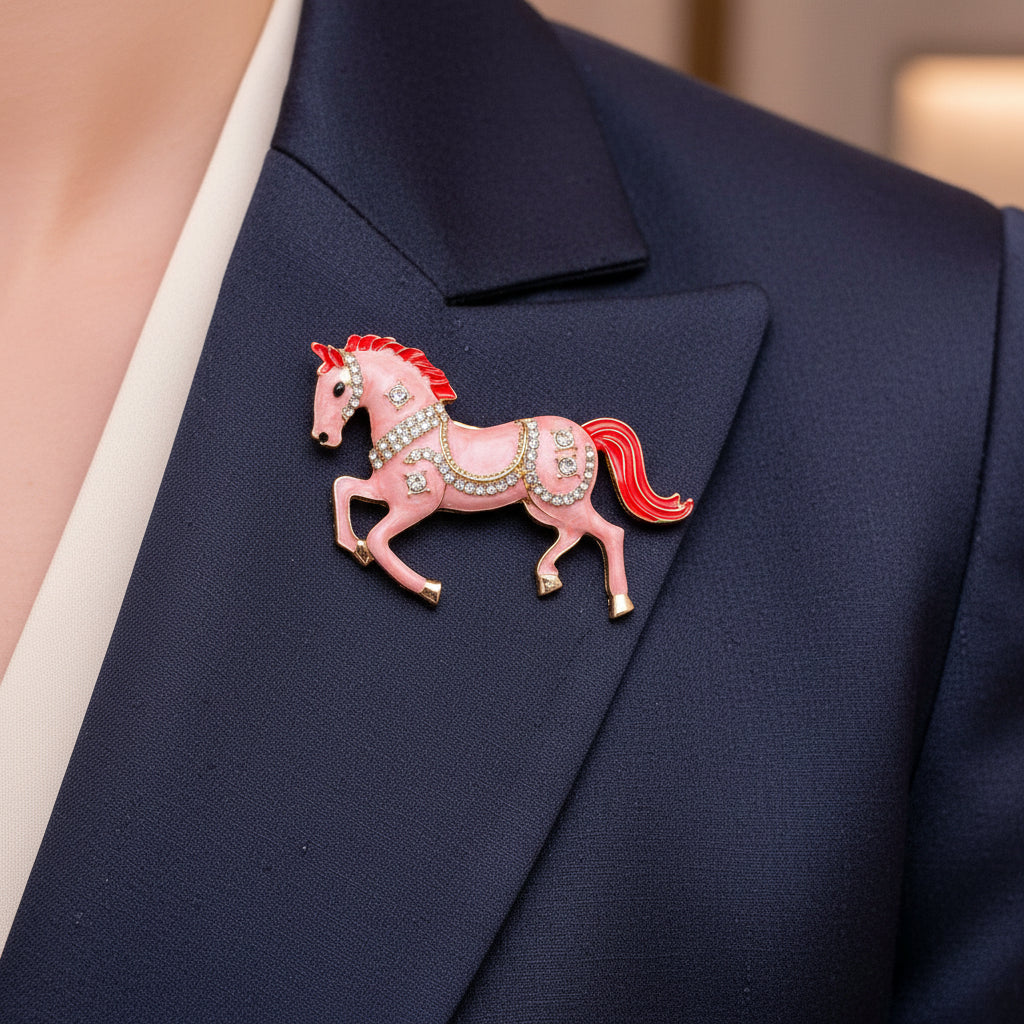 Pink horse brooch with red mane and tail, pinned on a blue suite