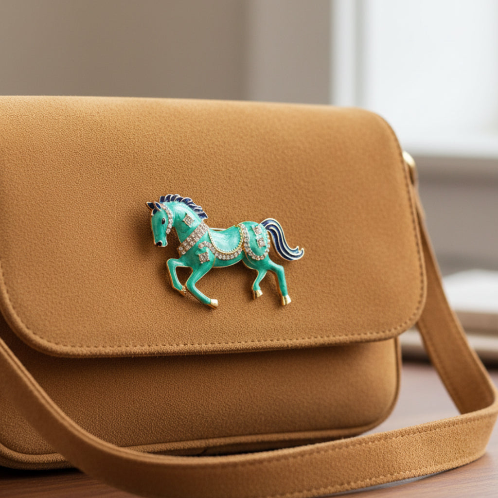 Turquoise horse-shaped brooch with gold and blue details, pinned on a beige hand bag