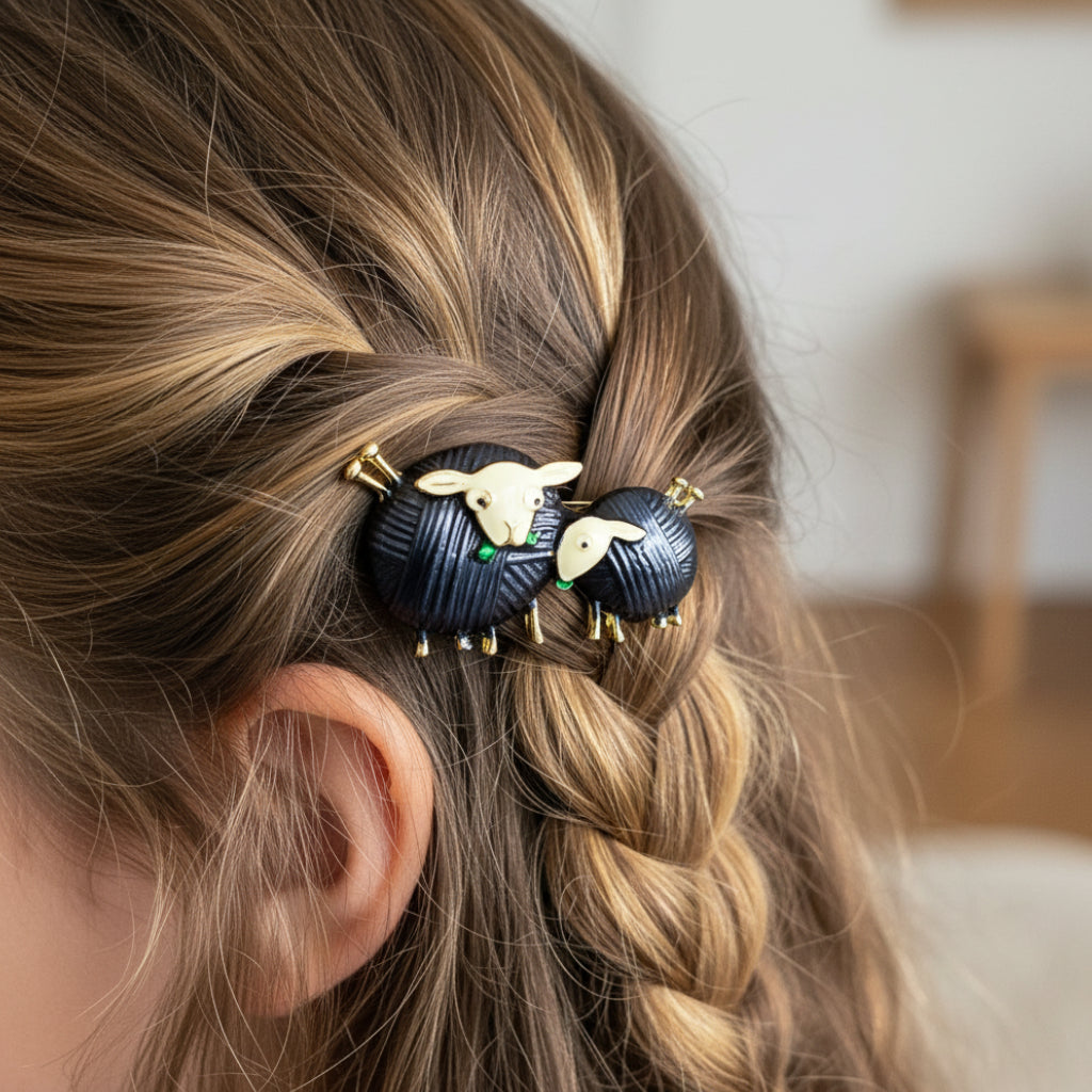 Pair of black sheep-shaped brooch pins with gold accents, pinned in a girl's hair