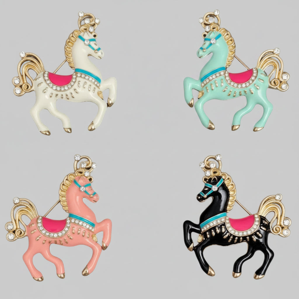 Four colorful horse-shaped brooches on a gray background