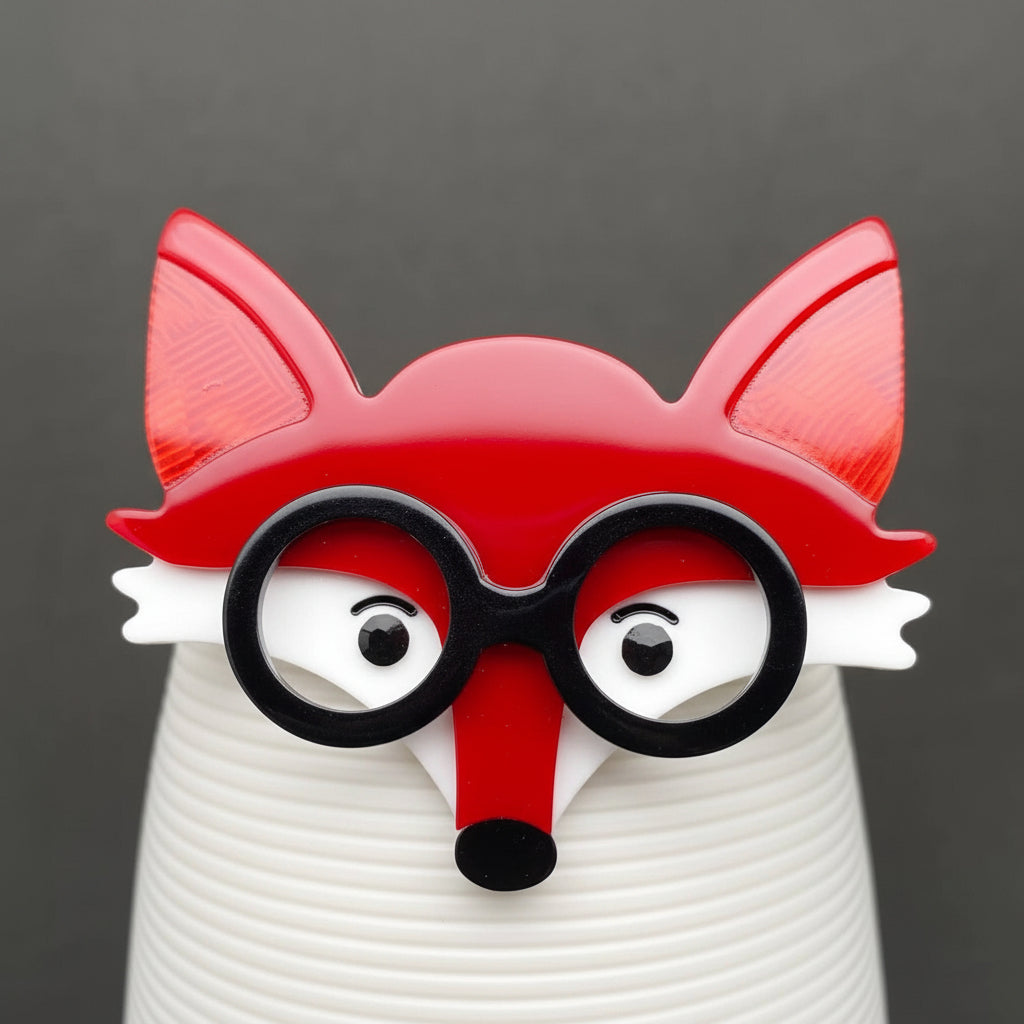 Red fox-shaped brooch with black glasses on a gray background