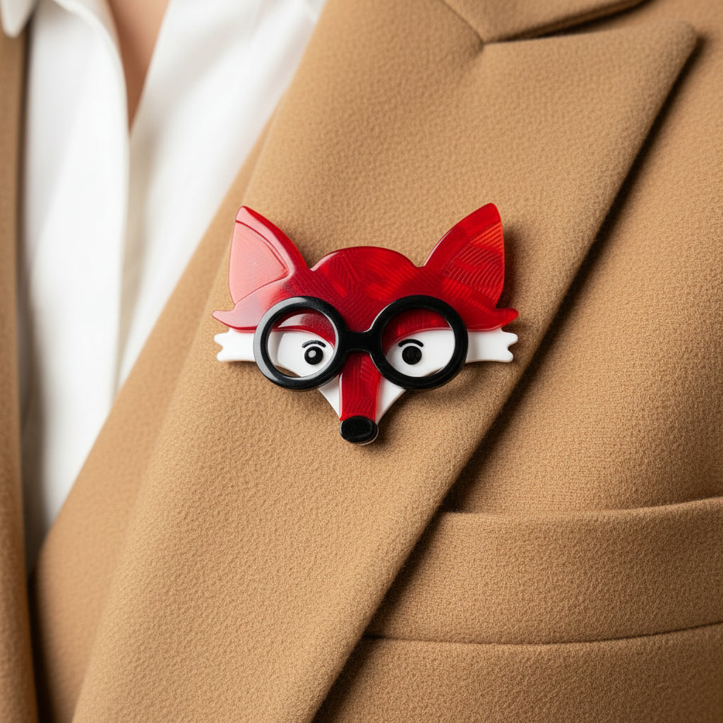 Red fox-shaped brooch with black glasses pinned on a beige suite