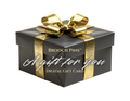 A black gift box wrapped with a metallic gold ribbon and bow, featuring the text 'BROOCH PINS' and 'A gift for you DIGITAL GIFT CARD' on a white background.