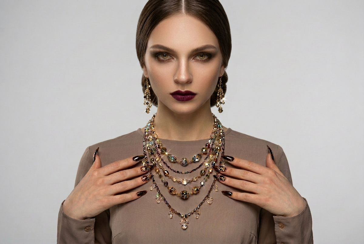 A woman wearing a taupe long-sleeve top is wearing a multi-stranded crystal necklace, against a dark gray studio background.