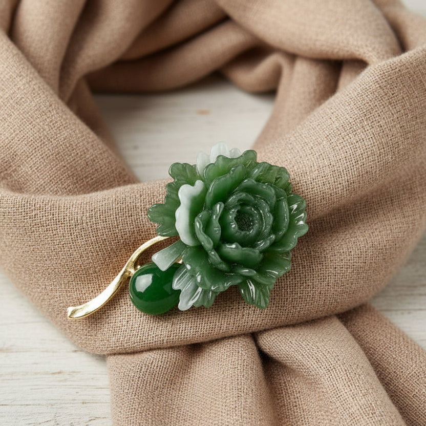 Green jade flower brooch pinned on a linen scarf