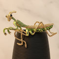 Decorative mantis brooch with green and gold details on white background