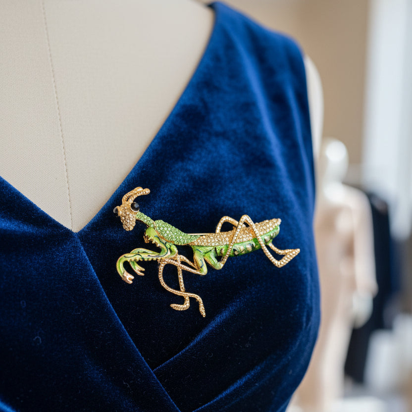 Decorative mantis brooch with green and gold details pinned on a blue dress