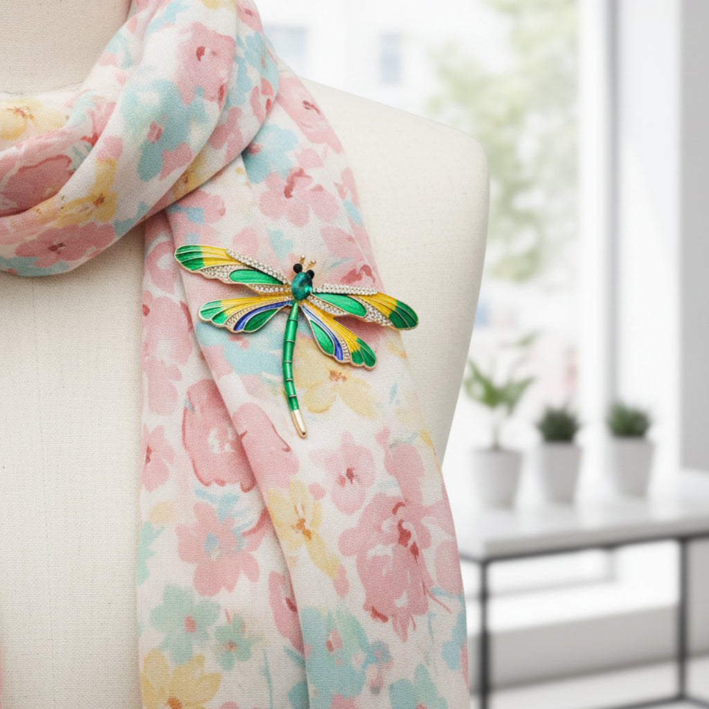 Dragonfly-shaped brooch with green and yellow wings pinned on a floral scarf