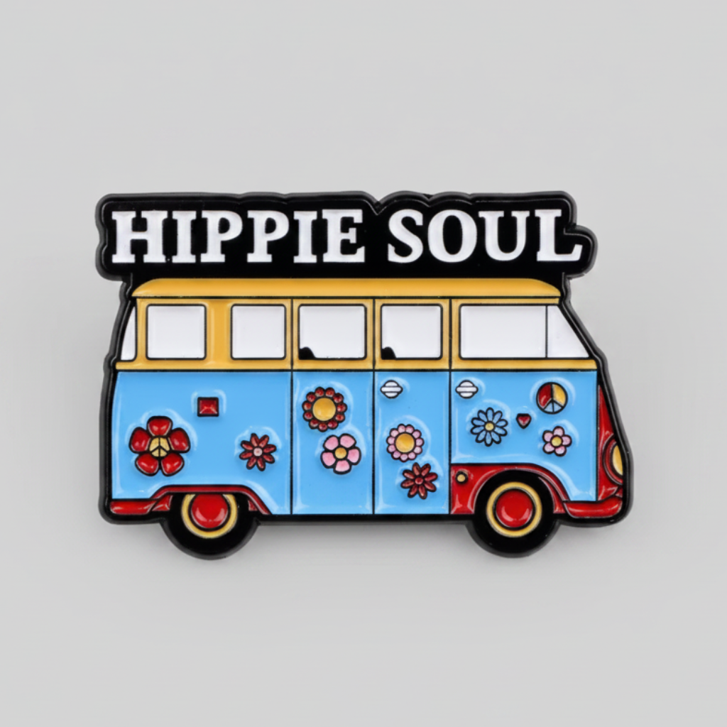 Hippie-themed lapel pin with a van and 'Hippie Soul' text, on a gray background