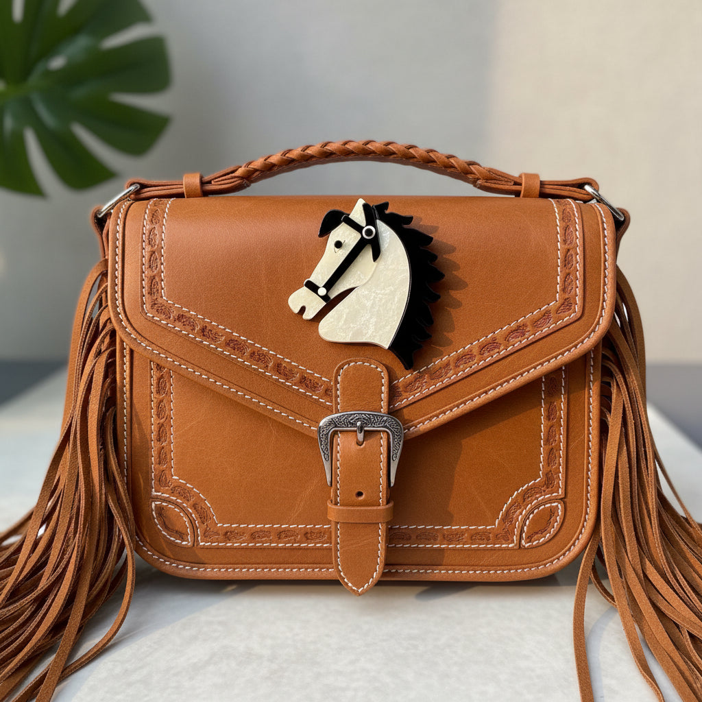 White acrylic horse head brooch with black mane, pinned on a brown hand bag
